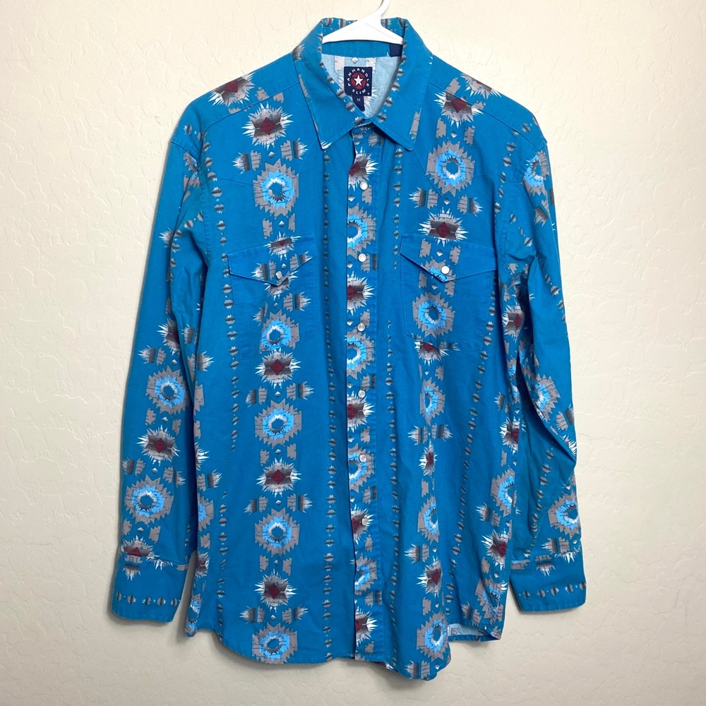 Panhandle Slim Men’s Medium Button Front Southwest Blue Brown Cream Tan